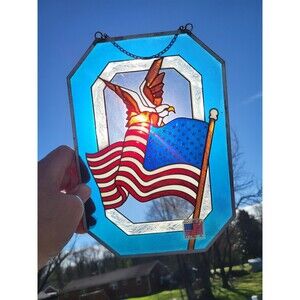 Vintage American Eagle & Flag Patriotic Stained Glass Suncatcher Made In USA